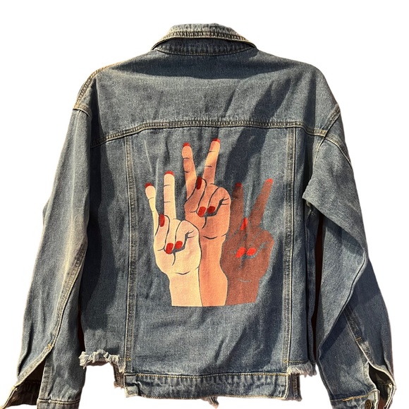 Sadie and Sage Denim Distressed Jacket, Peace Sign Print, Jean Peace Jacket - Picture 1 of 6